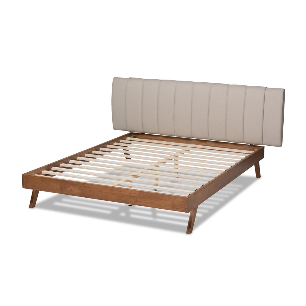 Baxton Studio Brita Mid-Century Modern Light Beige Fabric Upholstered Walnut Finished Wood King Size Bed