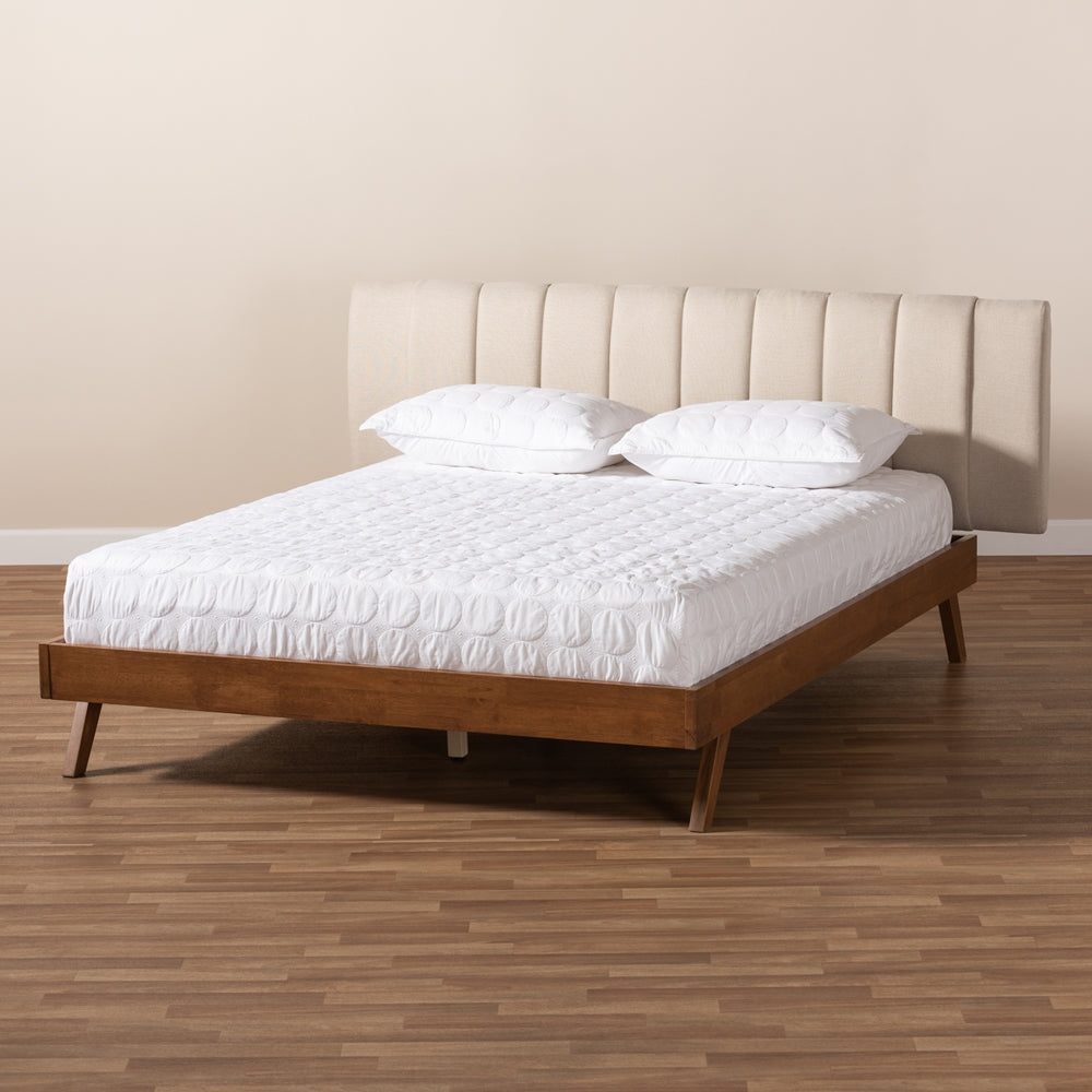 Baxton Studio Brita Mid-Century Modern Light Beige Fabric Upholstered Walnut Finished Wood Queen Size Bed