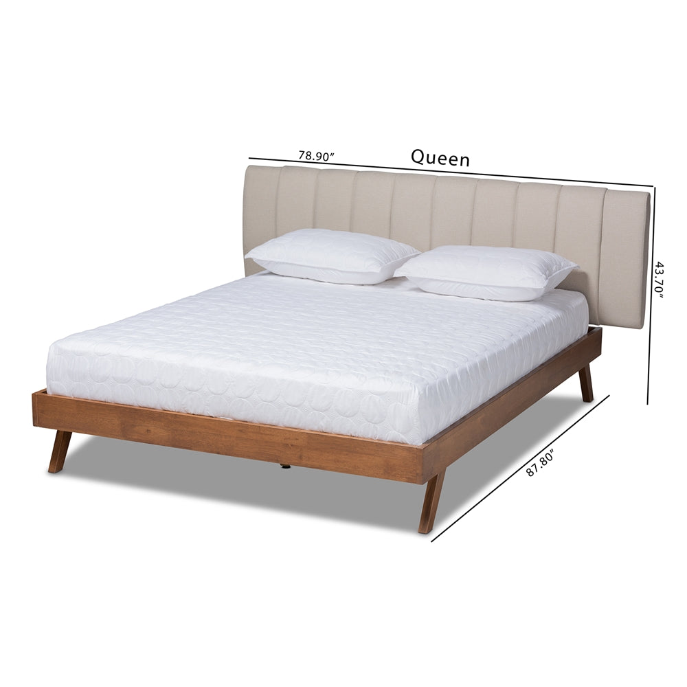 Baxton Studio Brita Mid-Century Modern Light Beige Fabric Upholstered Walnut Finished Wood Queen Size Bed