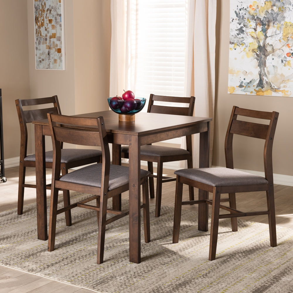 Baxton Studio Lovy Modern And Contemporary Gray Fabric Upholstered Dark Walnut-Finished 5-Piece Wood Dining Set