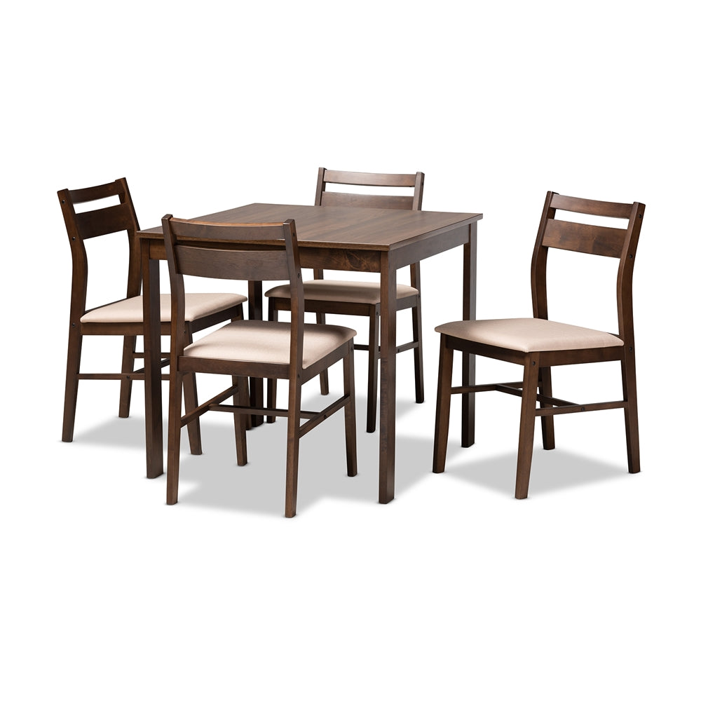 Baxton Studio Lovy Modern And Contemporary Beige Fabric Upholstered Dark Walnut-Finished 5-Piece Wood Dining Set