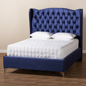 Baxton Studio Hanne Glam And Luxe Purple Blue Velvet Fabric Upholstered King Size Wingback Bed