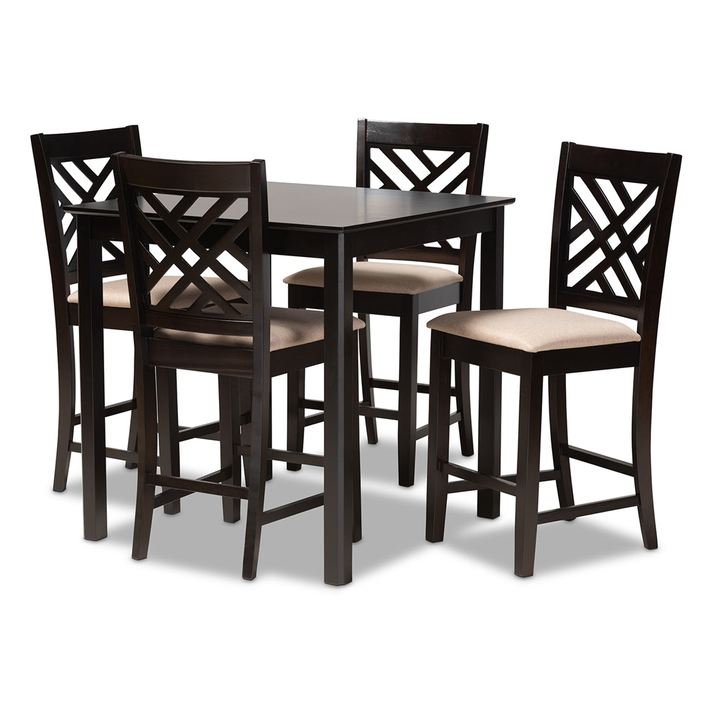 Baxton Studio Caron Modern And Contemporary Sand Fabric Upholstered Espresso Brown Finished 5-Piece Wood Pub Set