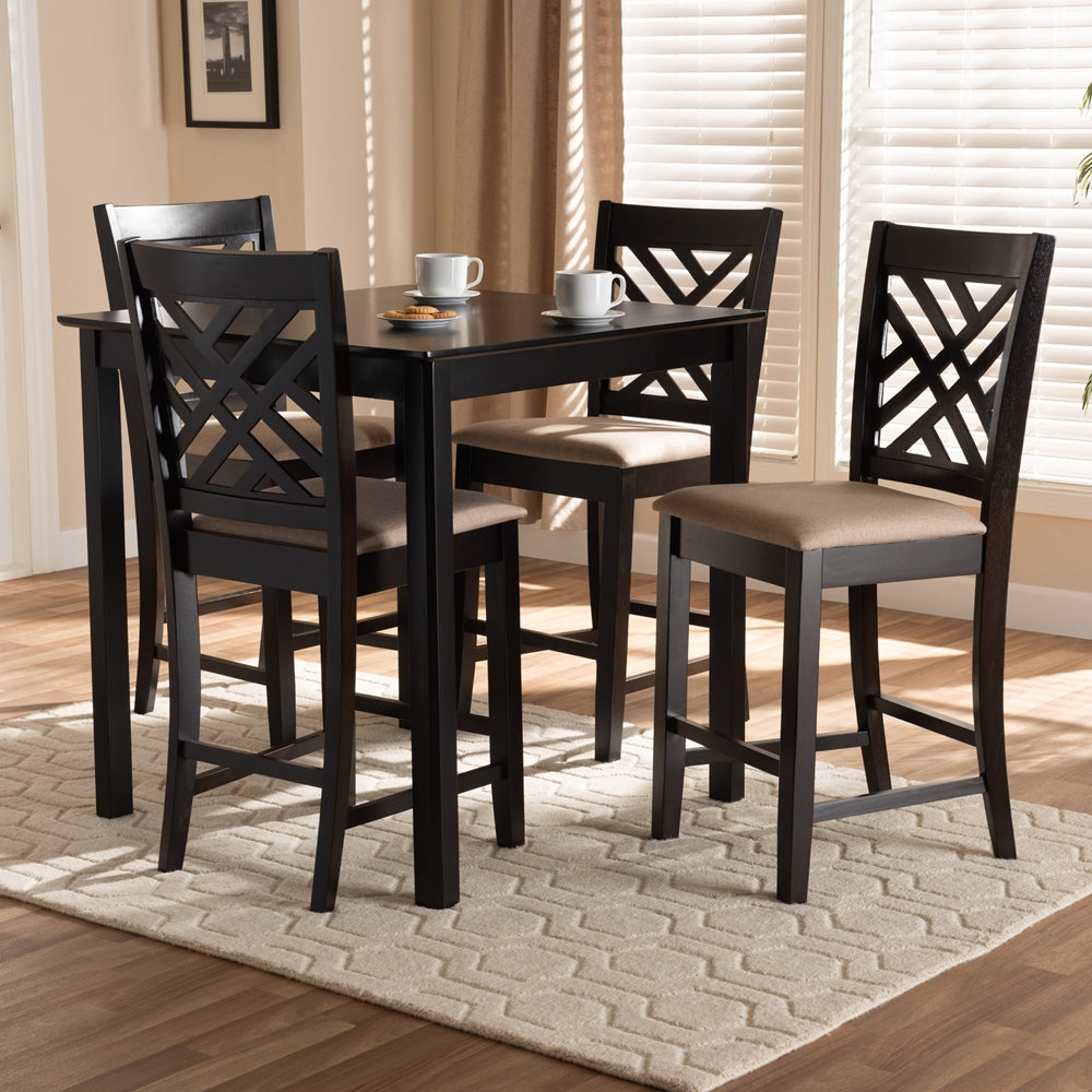 Baxton Studio Caron Modern And Contemporary Sand Fabric Upholstered Espresso Brown Finished 5-Piece Wood Pub Set