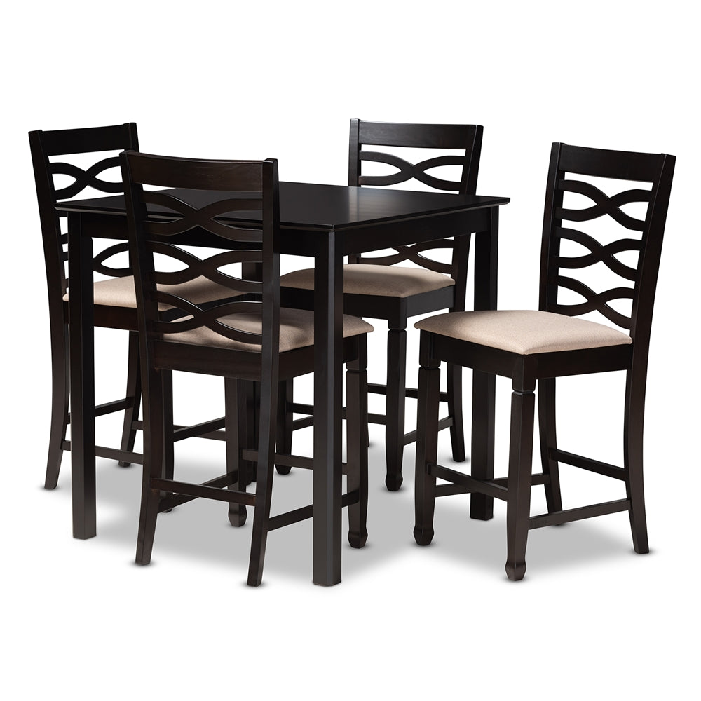 Baxton Studio Lanier Modern And Contemporary Sand Fabric Upholstered Espresso Brown Finished 5-Piece Wood Pub Set