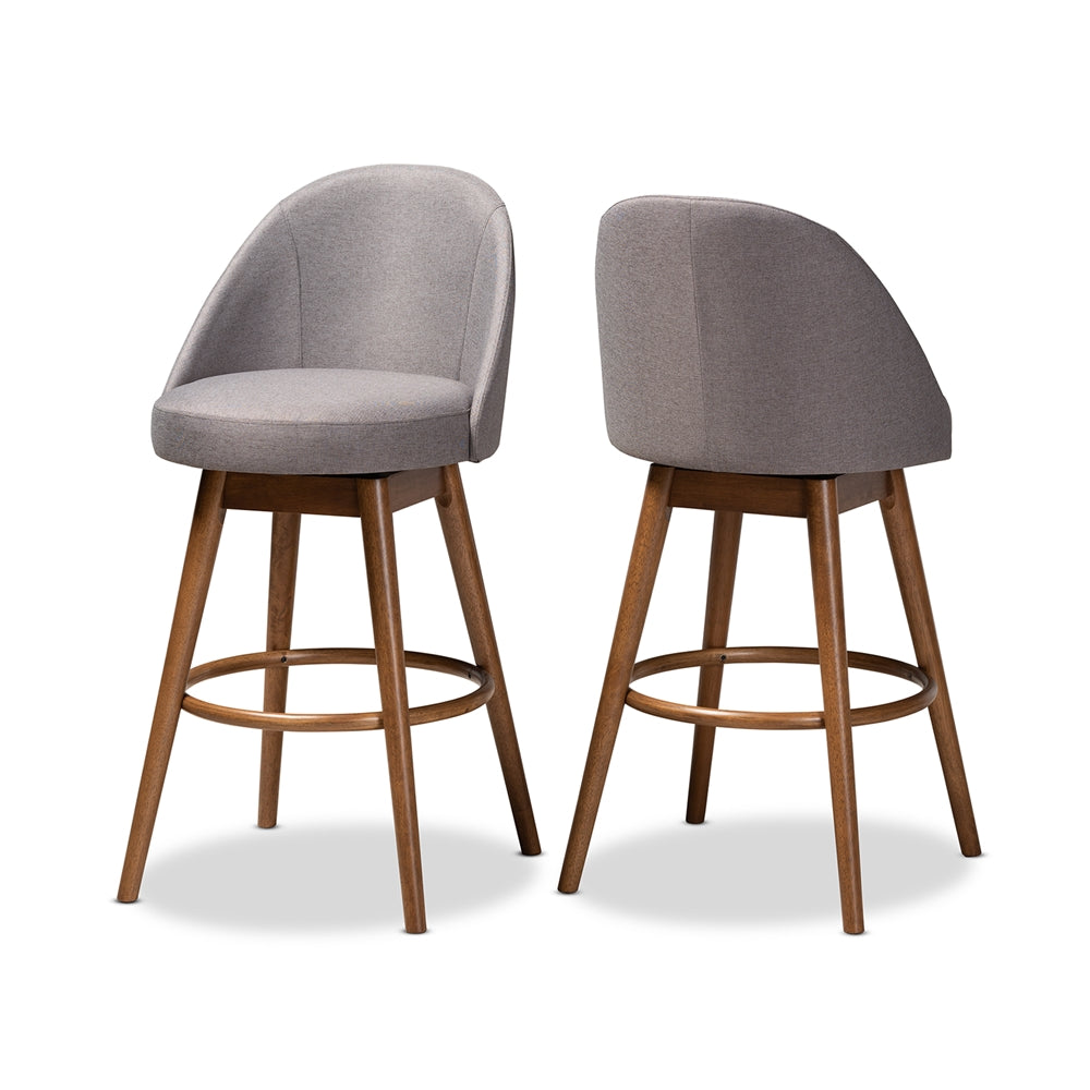 Baxton Studio Carra Mid-Century Modern Grey Fabric Upholstered Walnut-Finished Wood Swivel Bar Stool (Set Of 2)