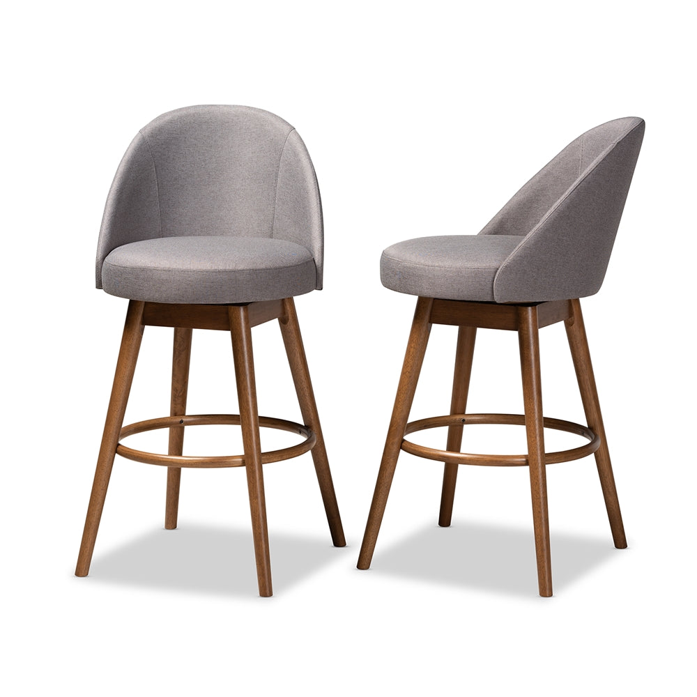 Baxton Studio Carra Mid-Century Modern Grey Fabric Upholstered Walnut-Finished Wood Swivel Bar Stool (Set Of 2)