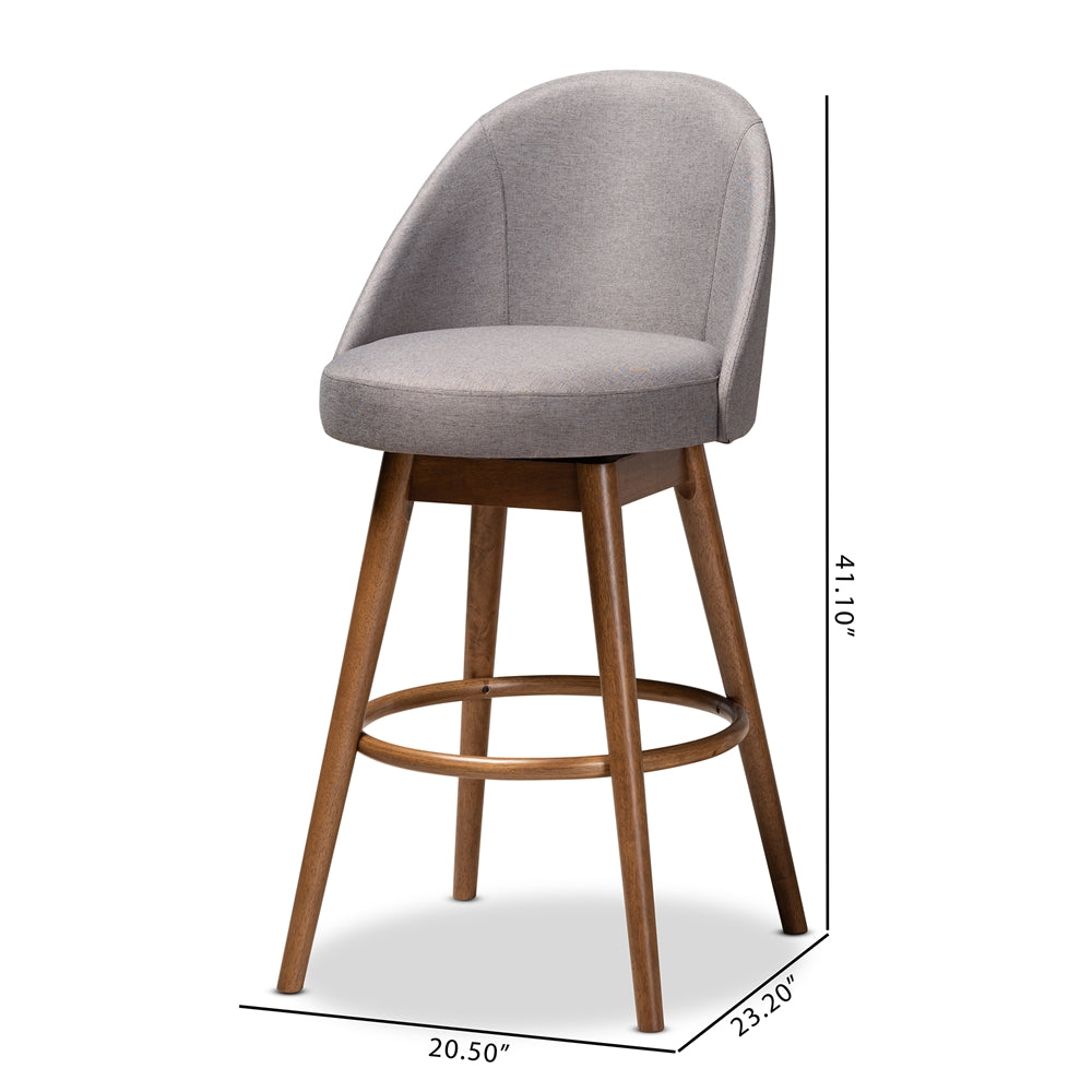 Baxton Studio Carra Mid-Century Modern Grey Fabric Upholstered Walnut-Finished Wood Swivel Bar Stool (Set Of 2)