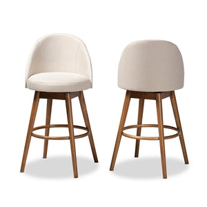 Baxton Studio Carra Mid-Century Modern Light Beige Fabric Upholstered Walnut-Finished Wood 2-Piece Swivel Bar Stool Set