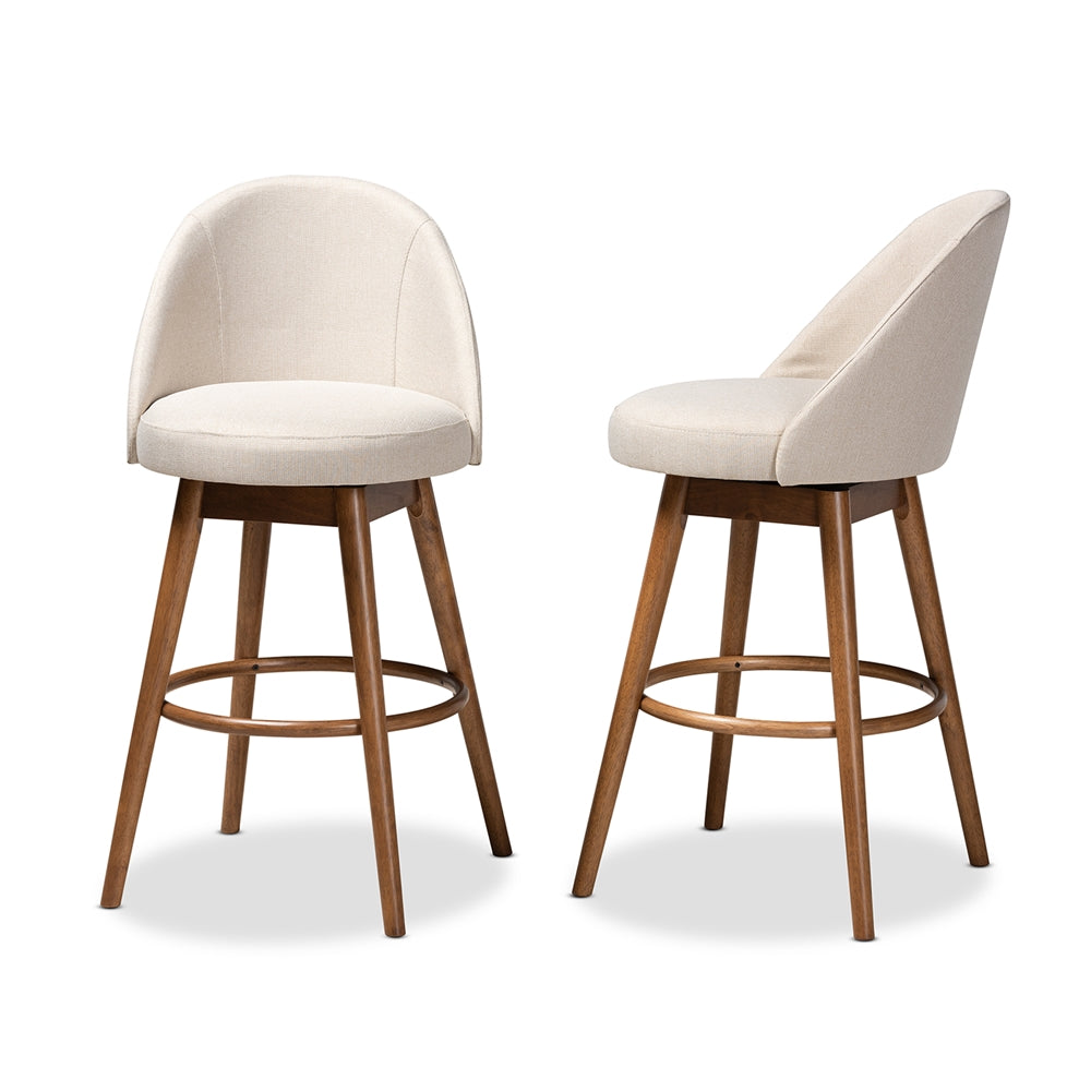 Baxton Studio Carra Mid-Century Modern Light Beige Fabric Upholstered Walnut-Finished Wood 2-Piece Swivel Bar Stool Set