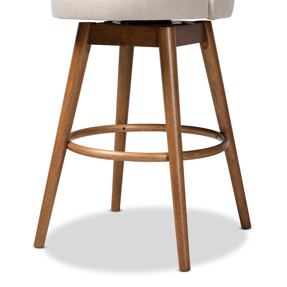 BAXTON STUDIO CARRA MID-CENTURY MODERN LIGHT BEIGE FABRIC UPHOLSTERED WALNUT-FINISHED WOOD 2-PIECE SWIVEL BAR STOOL SET