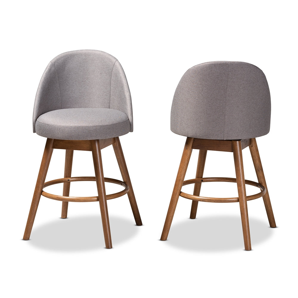 Baxton Studio Carra Mid-Century Modern Grey Fabric Upholstered Walnut-Finished Wood Swivel Counter Stool (Set Of 2)