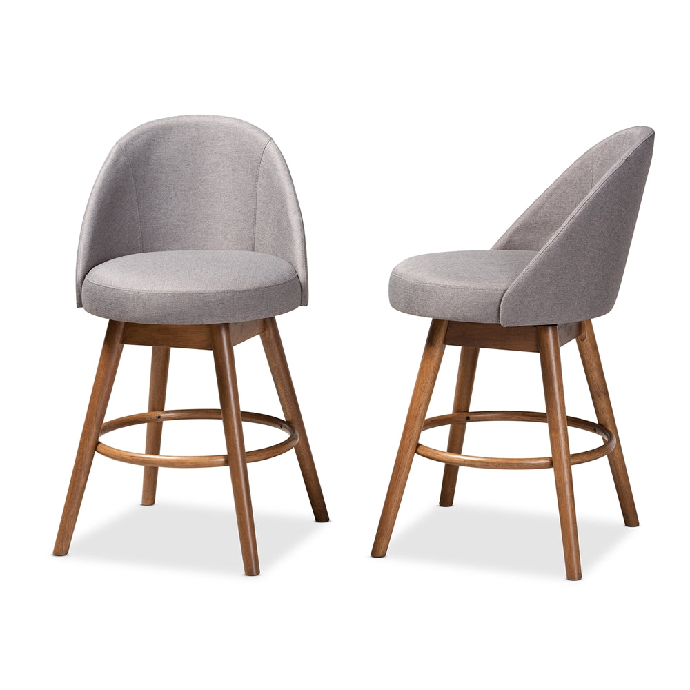 Baxton Studio Carra Mid-Century Modern Grey Fabric Upholstered Walnut-Finished Wood Swivel Counter Stool (Set Of 2)