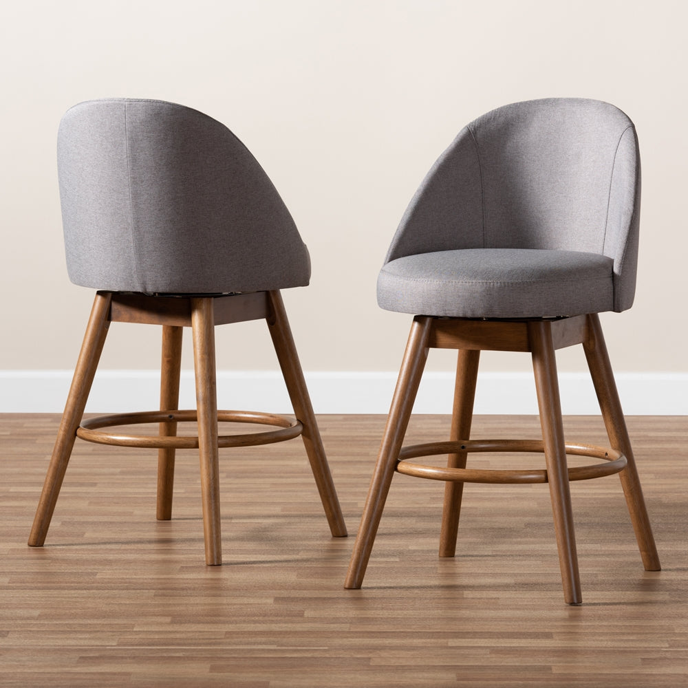 Baxton Studio Carra Mid-Century Modern Grey Fabric Upholstered Walnut-Finished Wood Swivel Counter Stool (Set Of 2)