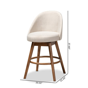 Baxton Studio Carra Mid-Century Modern Light Beige Fabric Upholstered Walnut-Finished Wood Swivel Counter Stool (Set Of 2)