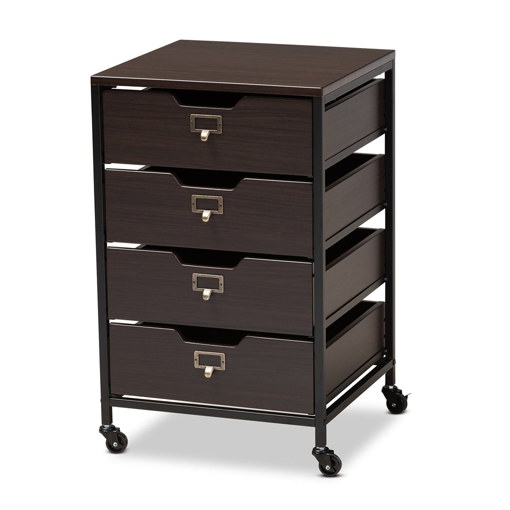 Baxton Studio Felix Modern and Contemporary Wood and Black Metal 4-Drawer Mobile File Cabinet