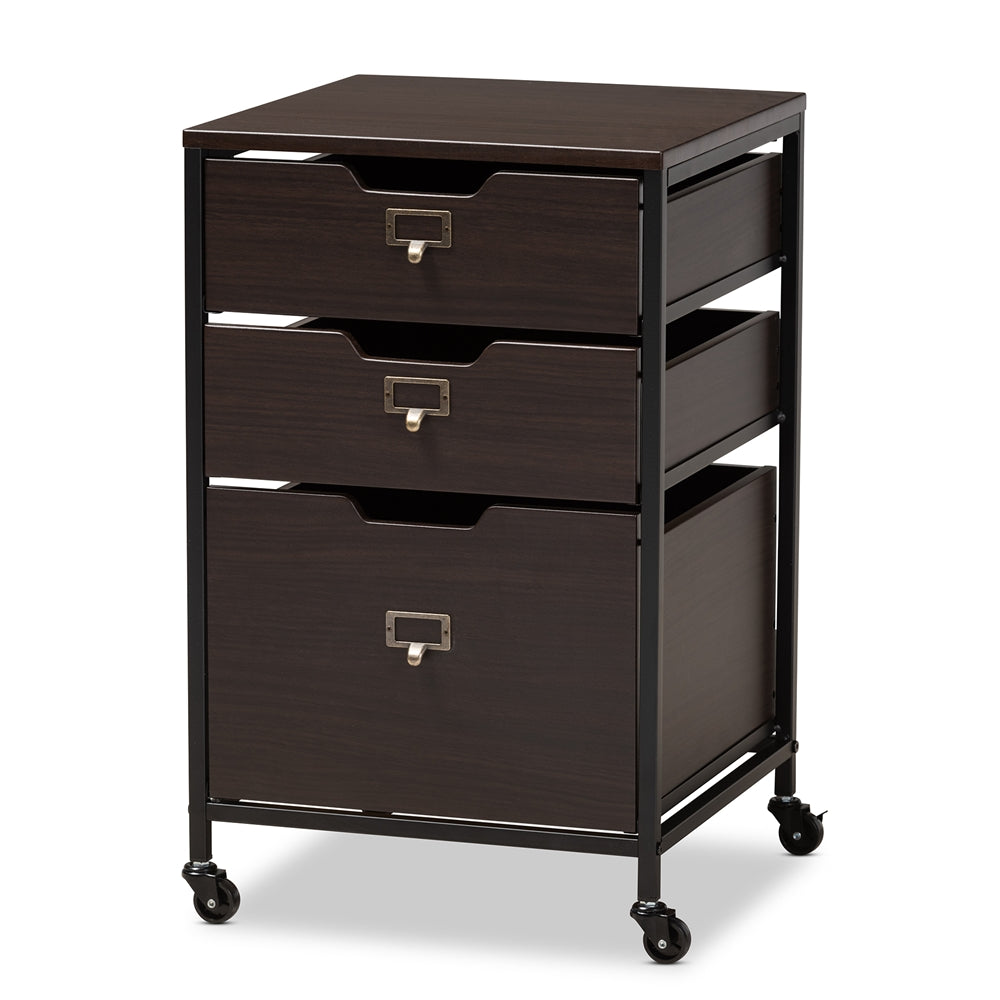 Baxton Studio Felix Modern and Contemporary Wood and Black Metal 3-Drawer Mobile File Cabinet