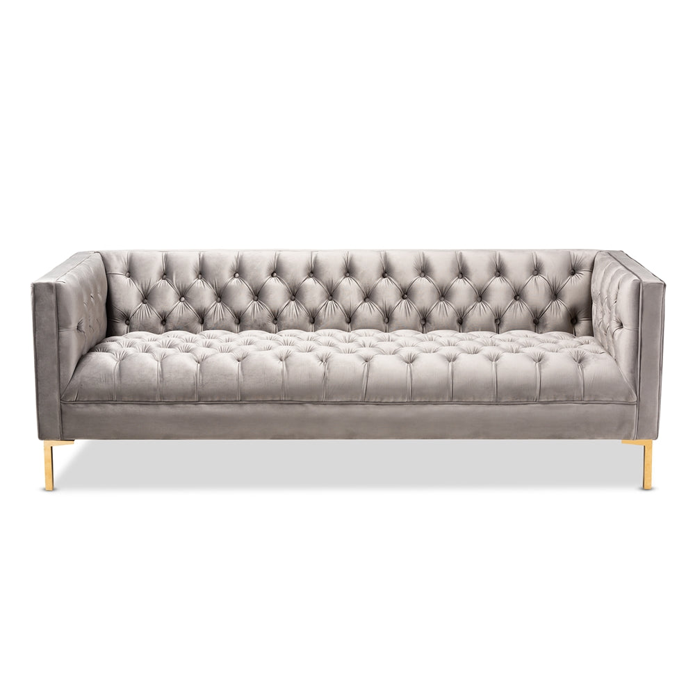 Baxton Studio Zanetta Glam And Luxe Gray Velvet Upholstered Gold Finished Sofa