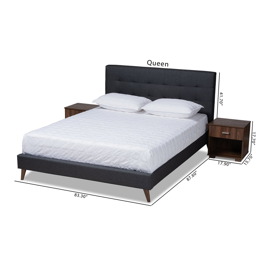 Baxton Studio Maren Mid-Century Modern Dark Grey Fabric Upholstered Queen Size Platform Bed With Two Nightstands