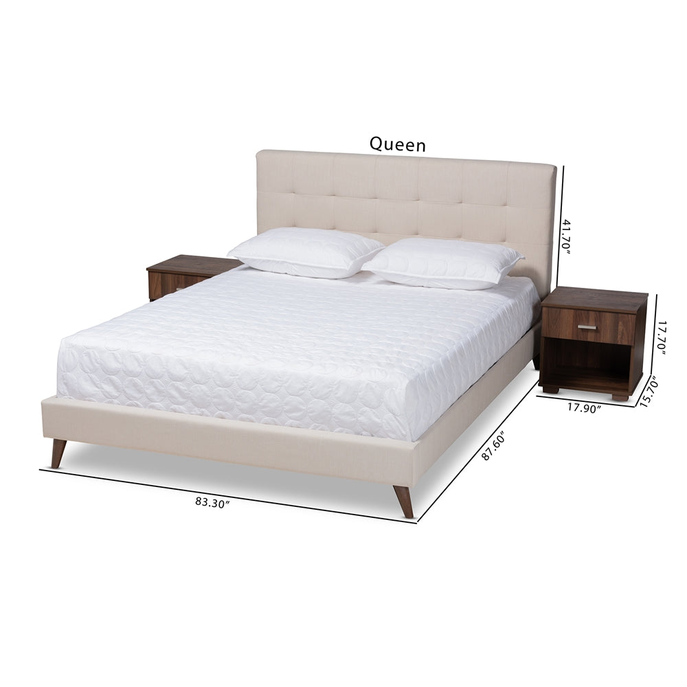 Baxton Studio Maren Mid-Century Modern Beige Fabric Upholstered Queen Size Platform Bed With Two Nightstands