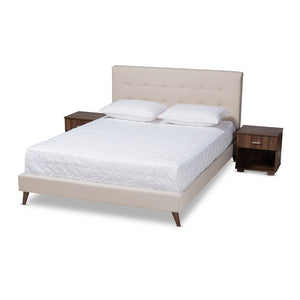 Baxton Studio Maren Mid-Century Modern Beige Fabric Upholstered Queen Size Platform Bed With Two Nightstands