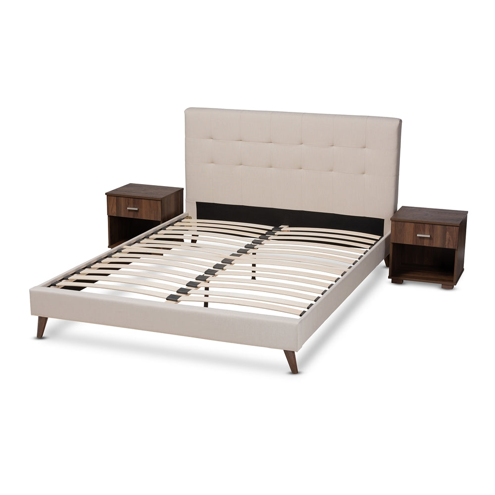 Baxton Studio Maren Mid-Century Modern Beige Fabric Upholstered Queen Size Platform Bed With Two Nightstands