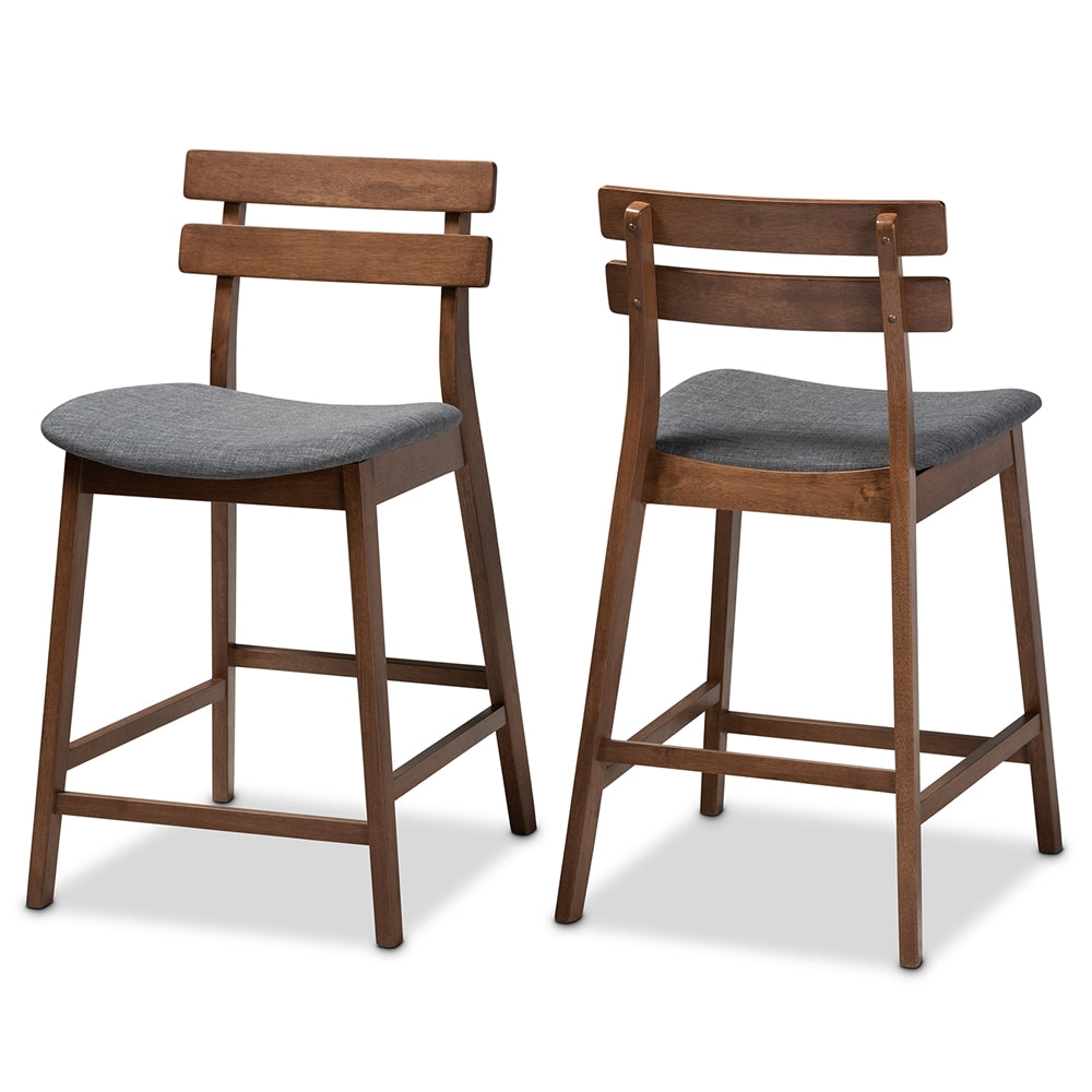 Baxton Studio Larine Modern And Contemporary Dark Grey Fabric Upholstered Walnut Finished 2-Piece Wood Counter Stool Set