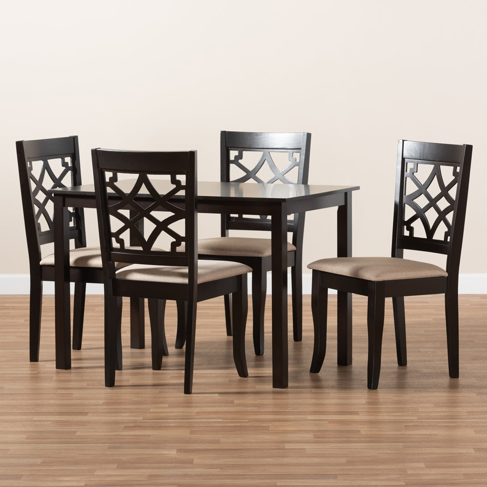 Baxton Studio Mael Modern And Contemporary Sand Fabric Upholstered Espresso Brown Finished 5-Piece Wood Dining Set