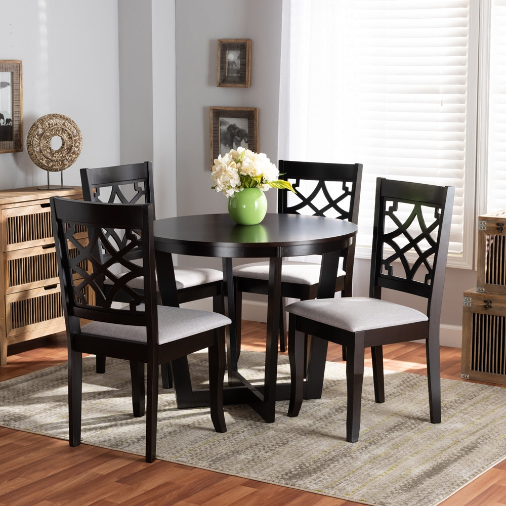 Baxton Studio Tricia Modern And Contemporary Grey Fabric Upholstered And Dark Brown Finished Wood 5-Piece Dining Set