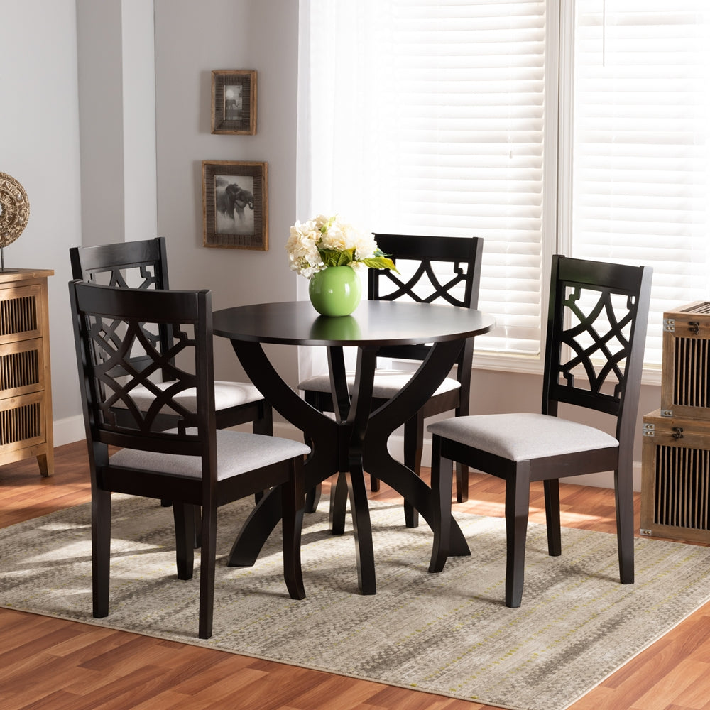 Baxton Studio Sandra Modern And Contemporary Grey Fabric Upholstered And Dark Brown Finished Wood 5-Piece Dining Set