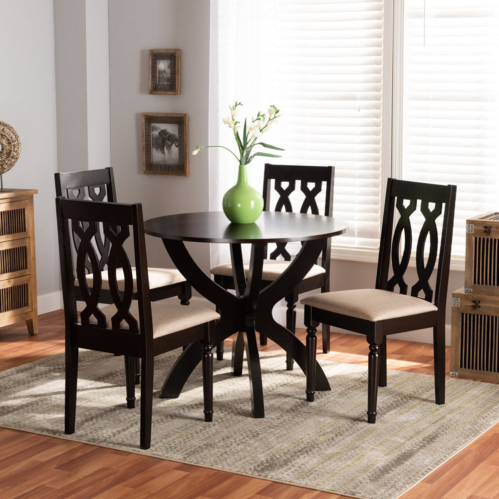 Baxton Studio Mona Modern And Contemporary Sand Fabric Upholstered And Dark Brown Finished Wood 5-Piece Dining Set