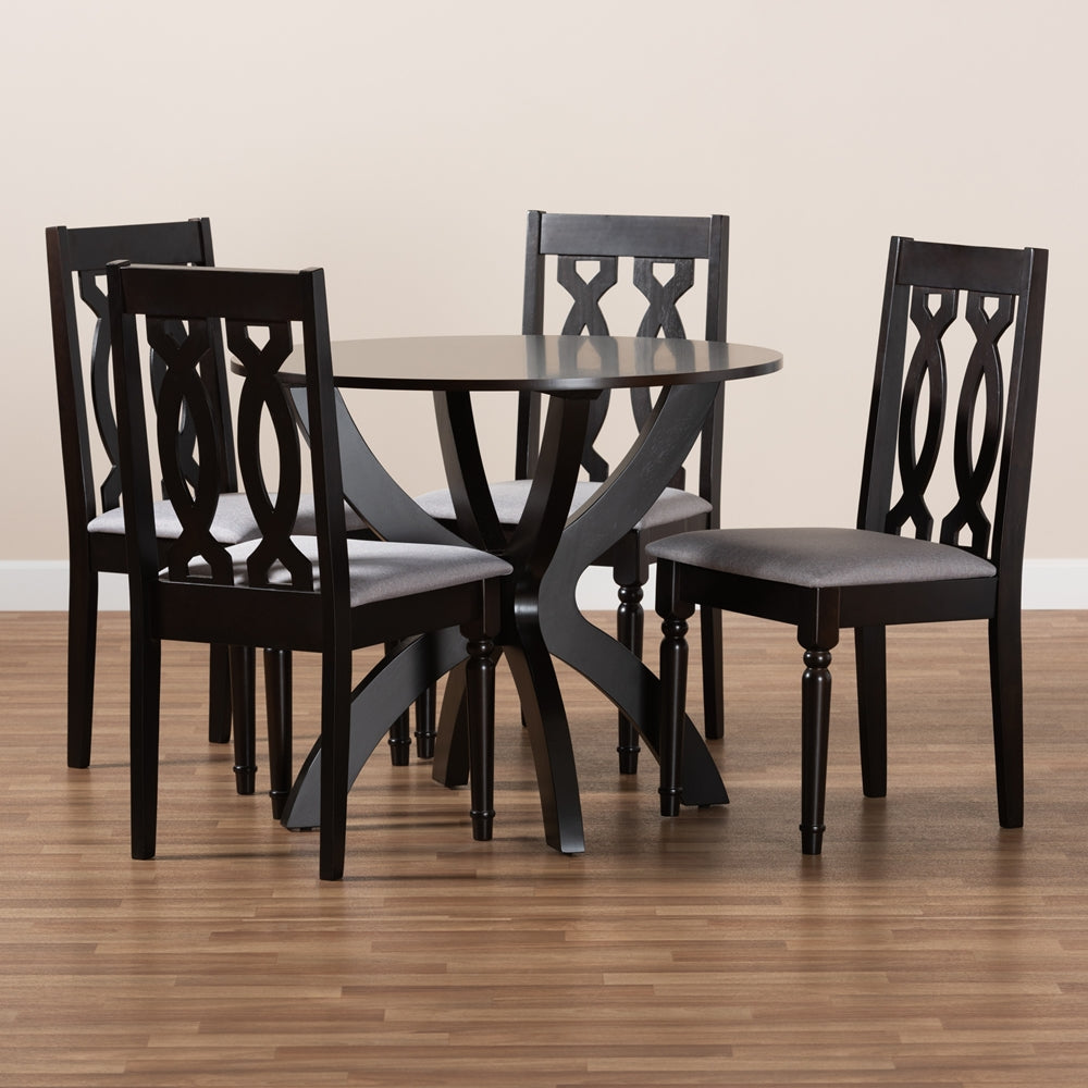 Baxton Studio Mona Modern And Contemporary Grey Fabric Upholstered And Dark Brown Finished Wood 5-Piece Dining Set