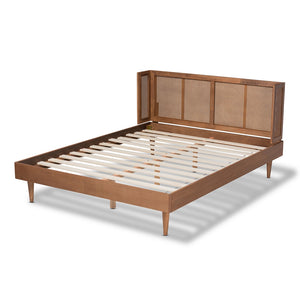 Baxton Studio Rina Mid-Century Modern Ash Walnut Finished Wood And Synthetic Rattan Platform Bed With Wrap-Around Headboard