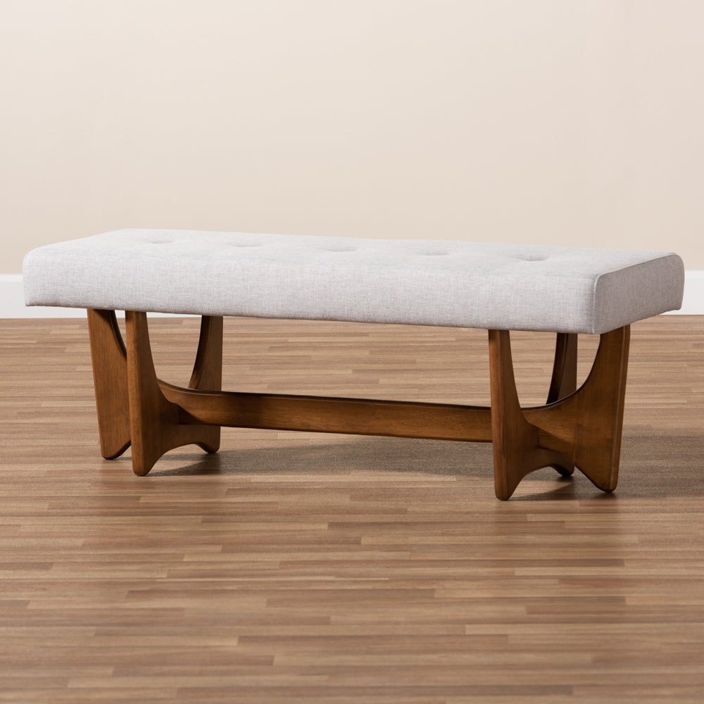 Baxton Studio Theo Mid-Century Modern Greyish Beige Fabric Upholstered Walnut Finished Bench