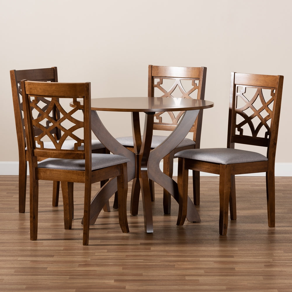 Baxton Studio Sandra Modern And Contemporary Grey Fabric Upholstered And Walnut Brown Finished Wood 5-Piece Dining Set