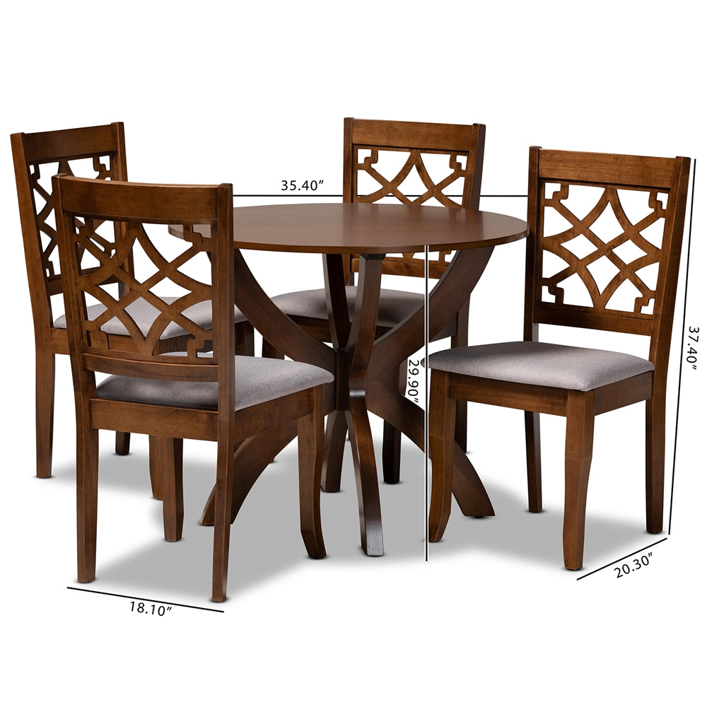 Baxton Studio Sandra Modern And Contemporary Grey Fabric Upholstered And Walnut Brown Finished Wood 5-Piece Dining Set