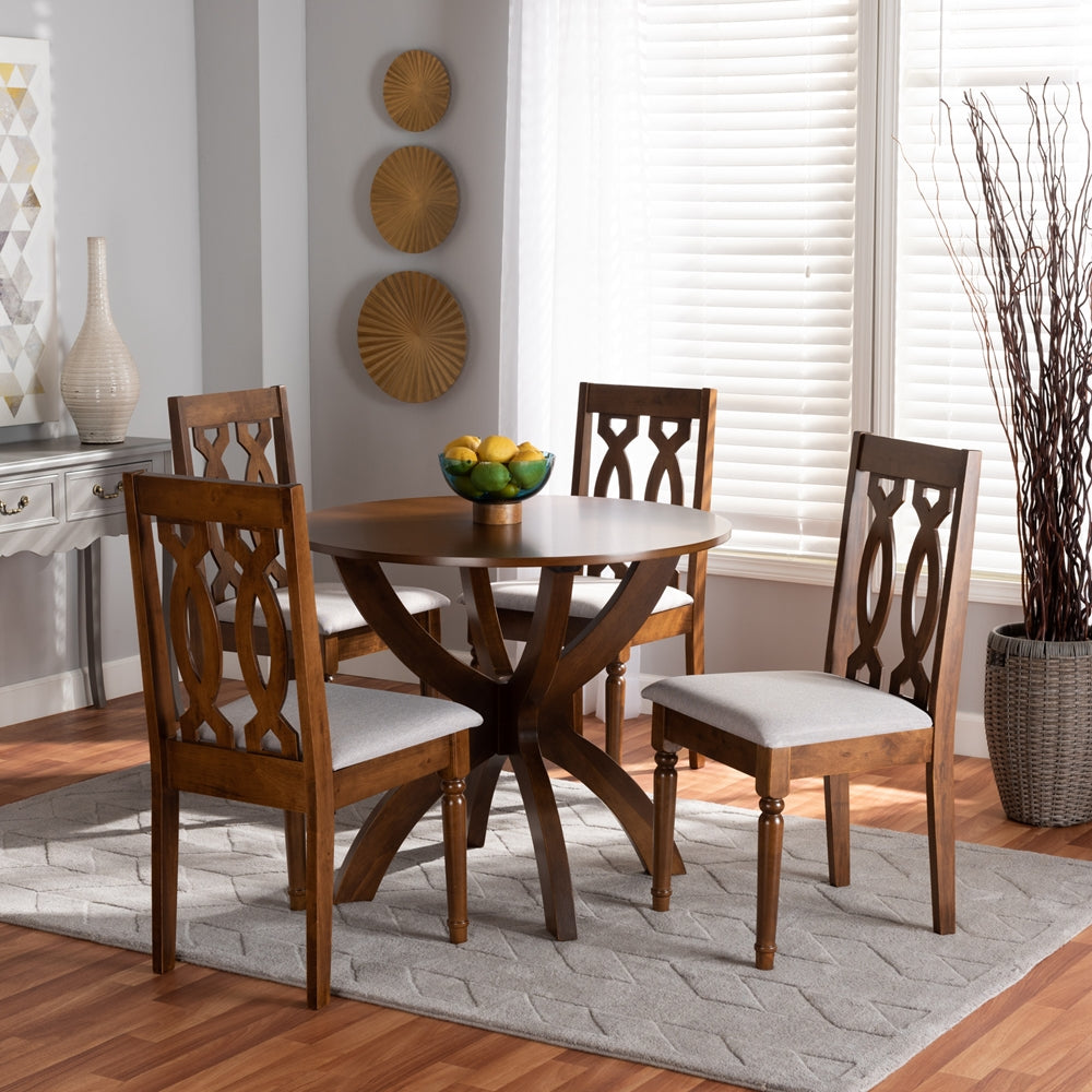 Baxton Studio Mona Modern And Contemporary Grey Fabric Upholstered And Walnut Brown Finished Wood 5-Piece Dining Set