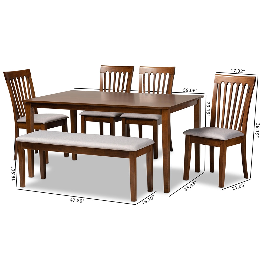 Baxton Studio Minette Modern And Contemporary Grey Fabric Upholstered And Walnut Brown Finished Wood 6-Piece Dining Set