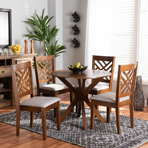 Baxton Studio Norah Modern And Contemporary Grey Fabric Upholstered And Walnut Brown Finished Wood 5-Piece Dining Set