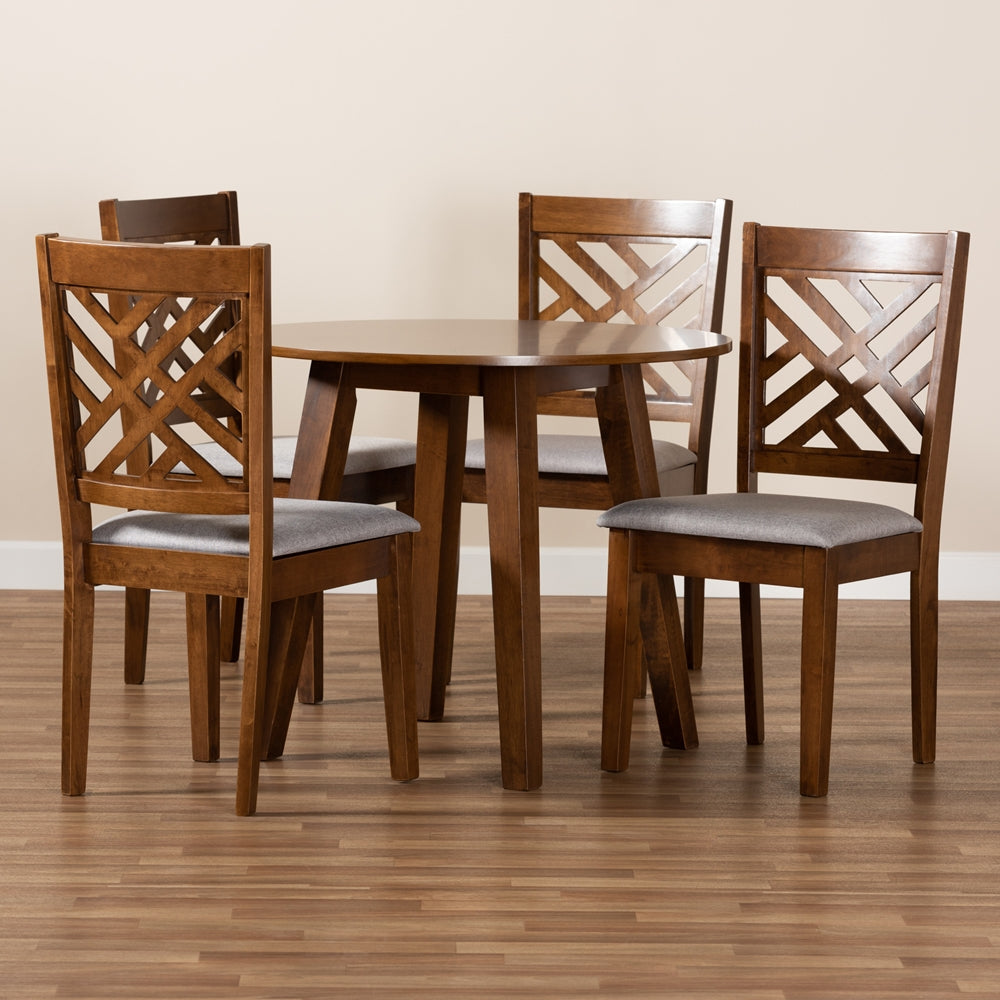 Baxton Studio Lilly Modern And Contemporary Grey Fabric Upholstered And Walnut Brown Finished Wood 5-Piece Dining Set