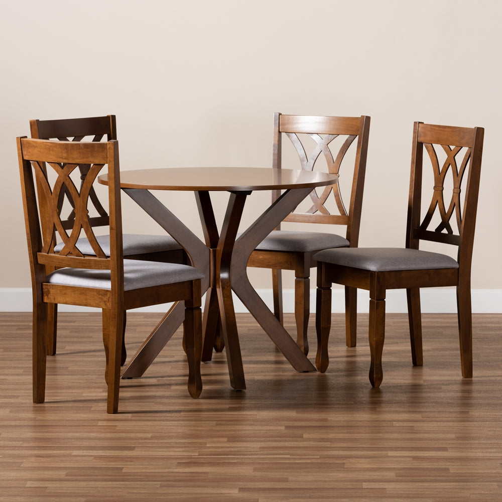 Baxton Studio Maya Modern And Contemporary Grey Fabric Upholstered And Walnut Brown Finished Wood 5-Piece Dining Set