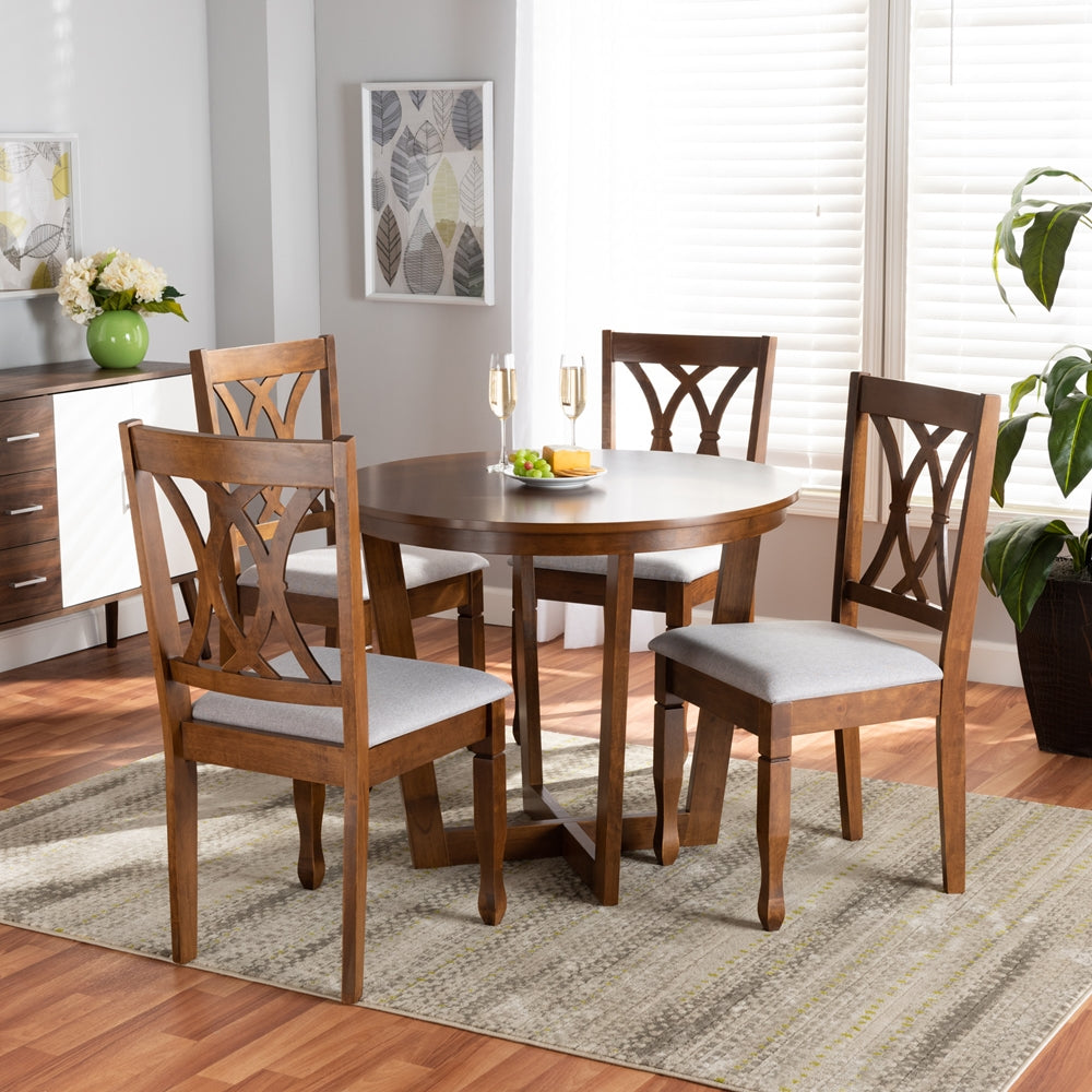 Baxton Studio Aggie Modern And Contemporary Grey Fabric Upholstered And Walnut Brown Finished Wood 5-Piece Dining Set