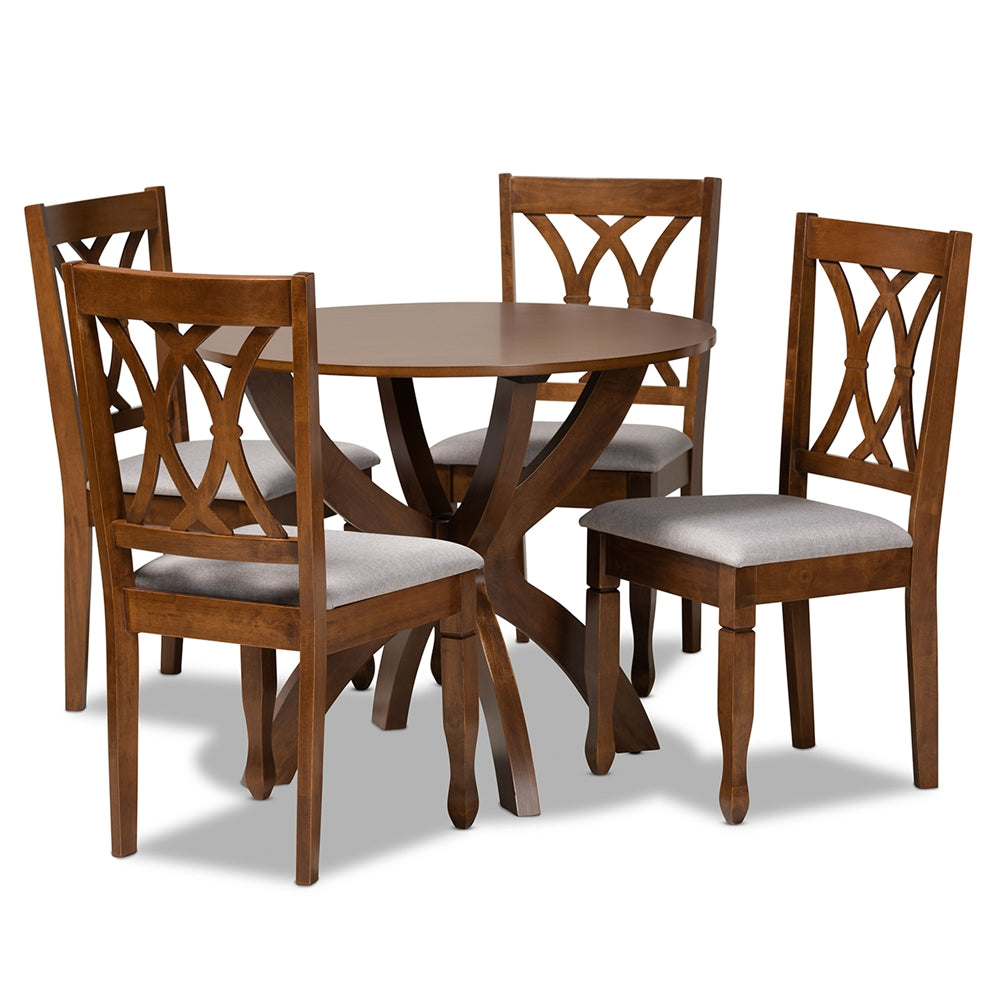 Baxton Studio April Modern And Contemporary Grey Fabric Upholstered And Walnut Brown Finished Wood 5-Piece Dining Set