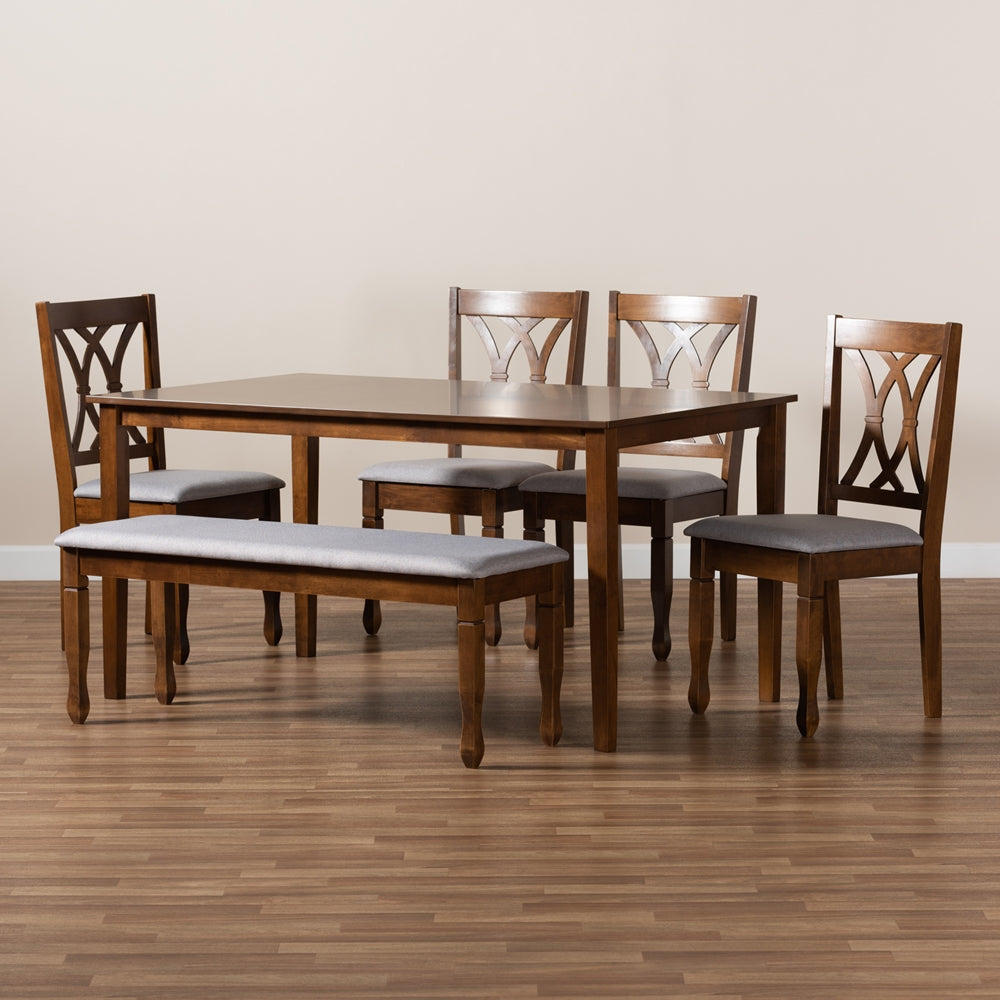 Baxton Studio Reneau Modern And Contemporary Grey Fabric Upholstered And Walnut Brown Finished Wood 6-Piece Dining Set