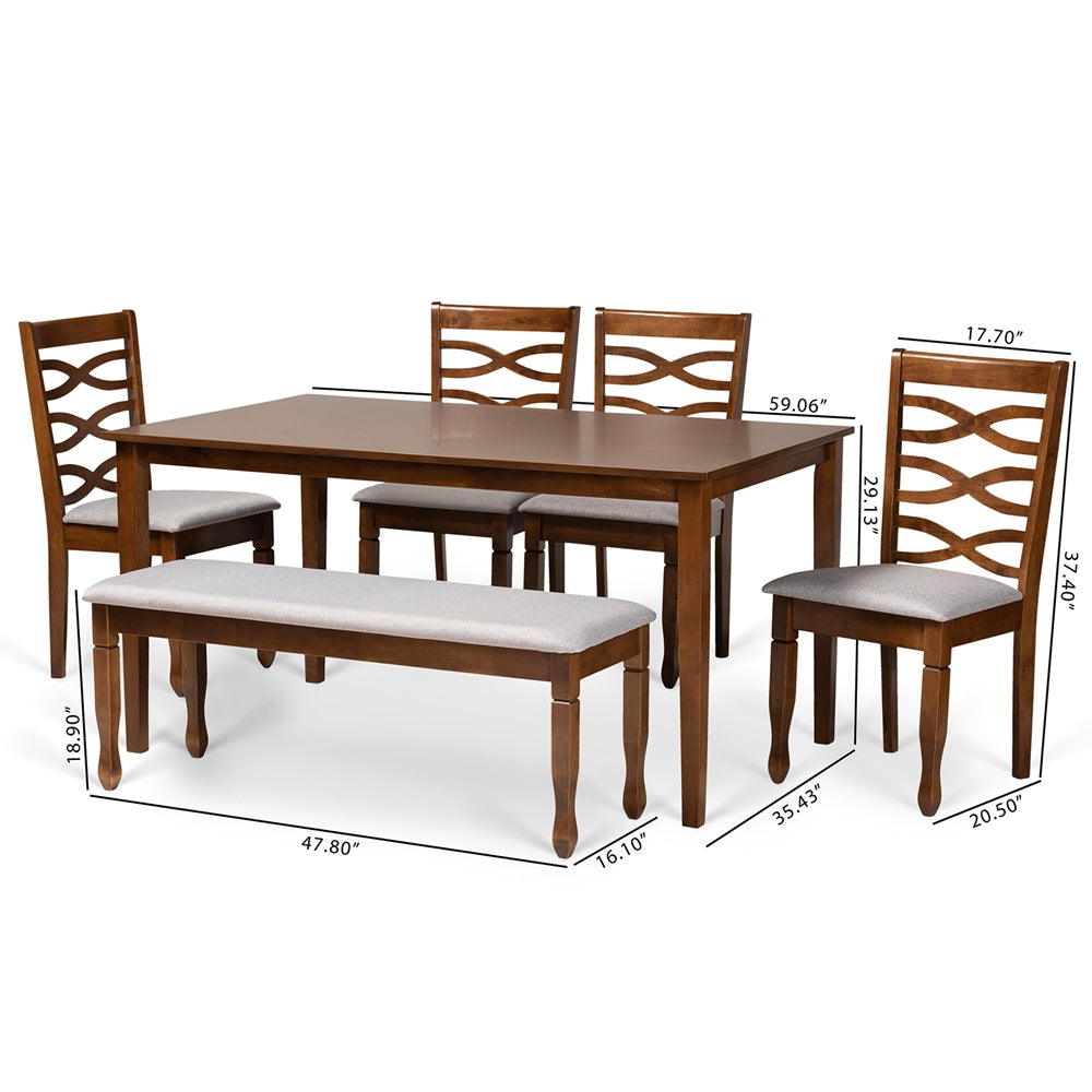 Baxton Studio Lanier Modern And Contemporary Grey Fabric Upholstered And Walnut Brown Finished Wood 6-Piece Dining Set