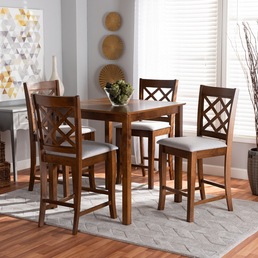 Baxton Studio Alora Modern And Contemporary Grey Fabric Upholstered Walnut Brown Finished 5-Piece Wood Pub Set