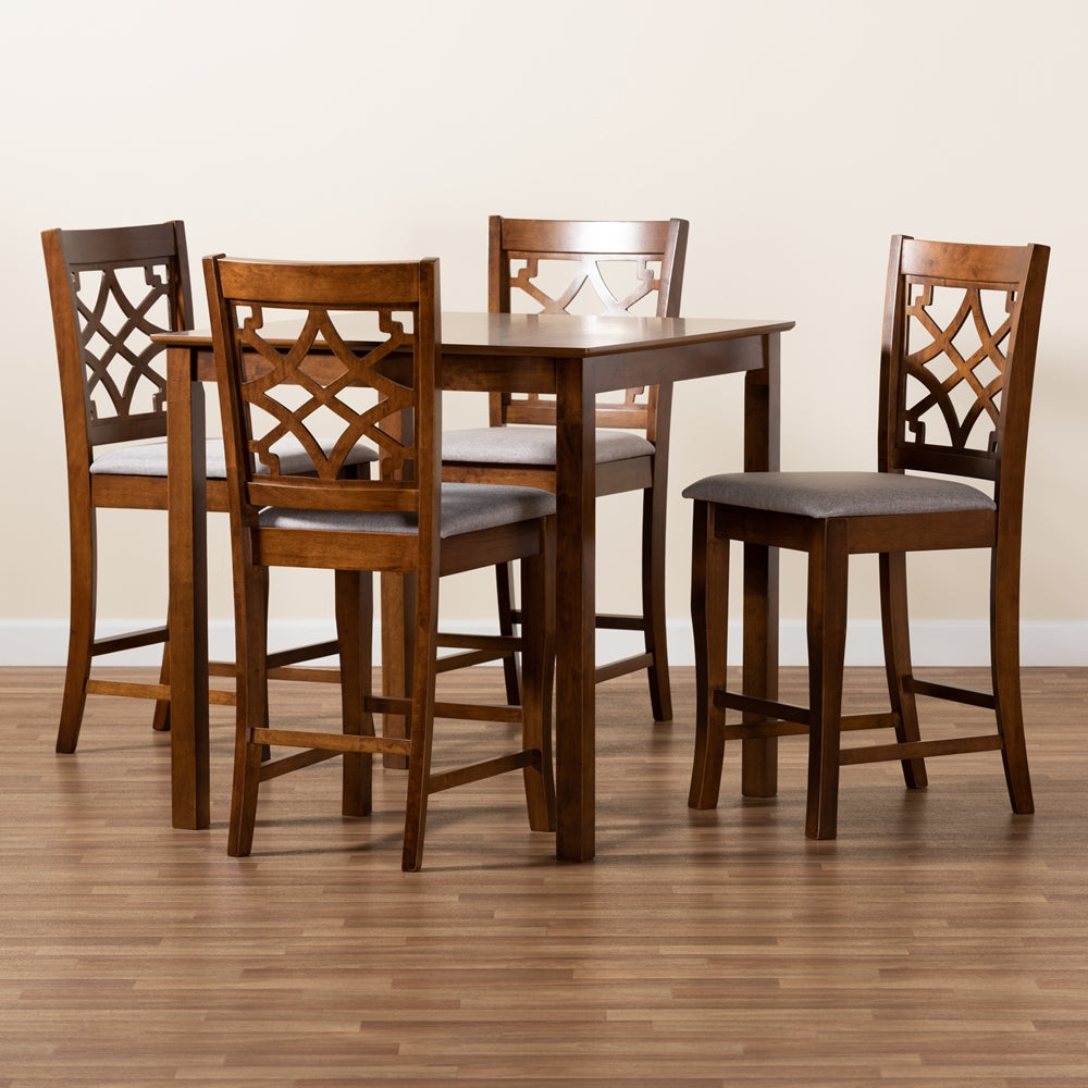 Baxton Studio Nisa Modern And Contemporary Grey Fabric Upholstered Walnut Brown Finished Wood 5-Piece Pub Set