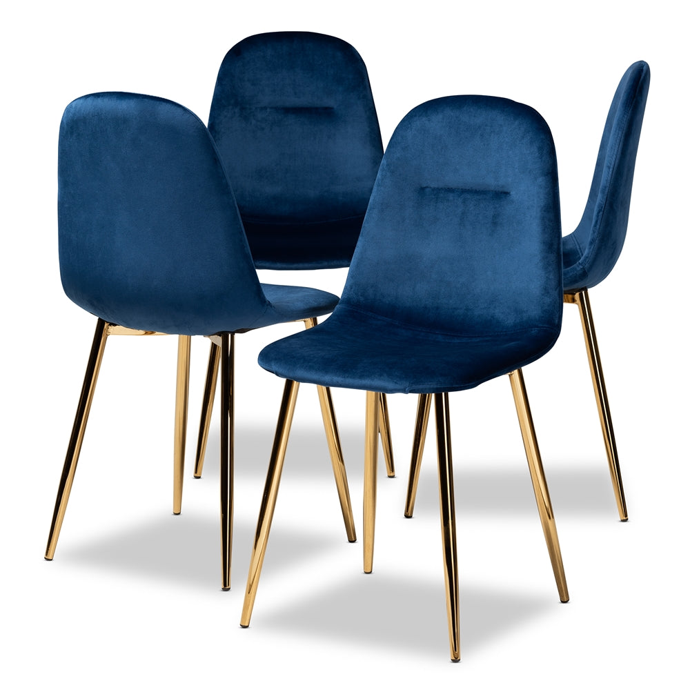 Baxton Studio Elyse Glam And Luxe Navy Blue Velvet Fabric Upholstered Gold Finished 4-Piece Metal Dining Chair Set