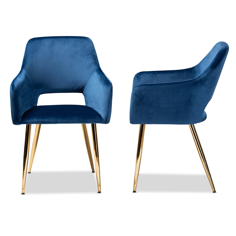 Baxton Studio Germaine Glam And Luxe Navy Blue Velvet Fabric Upholstered Gold Finished 2-Piece Metal Dining Chair Set