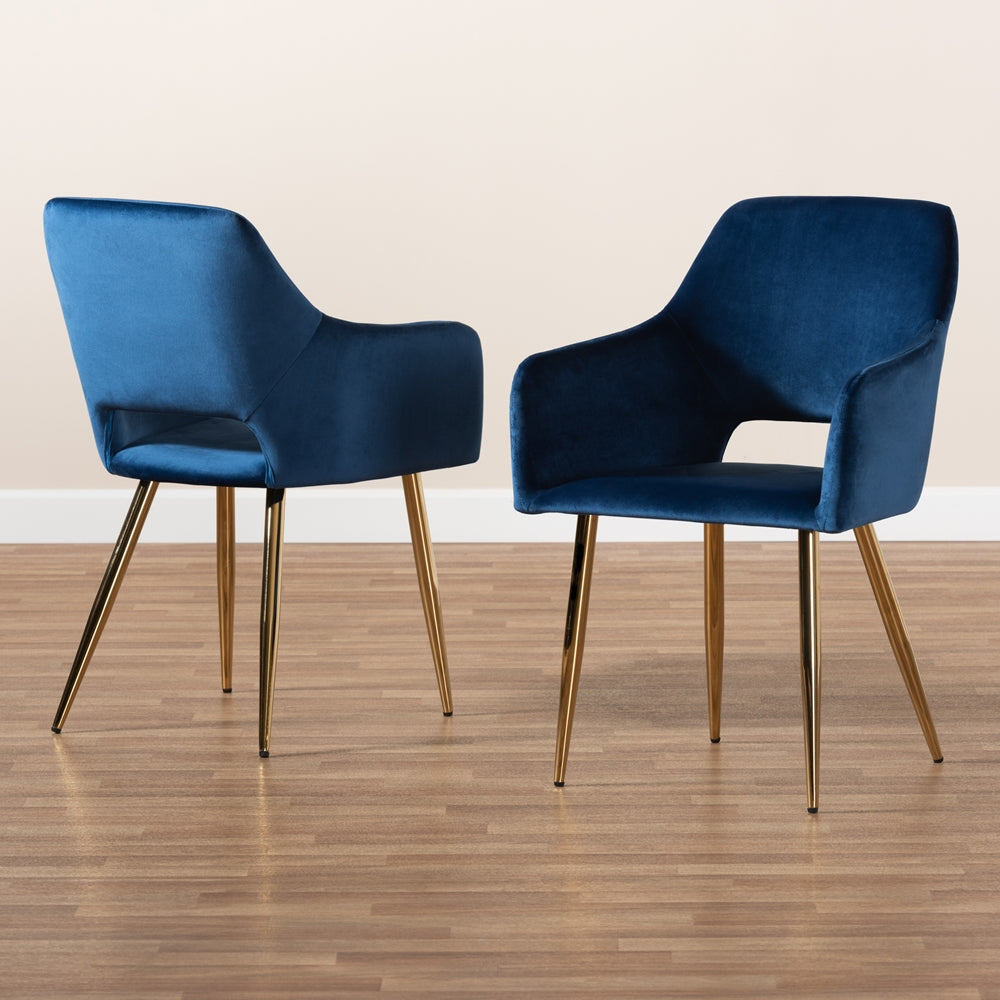 Baxton Studio Germaine Glam And Luxe Navy Blue Velvet Fabric Upholstered Gold Finished 2-Piece Metal Dining Chair Set